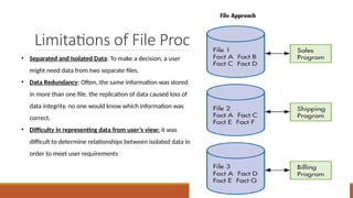 Limitations of File Processing System:
• Separated and Isolated Data: To make a decision, a user
might need data from two separate files.
• Data Redundancy: Often, the same information was stored
in more than one file. the replication of data caused loss of
data integrity. no one would know which information was
correct.
• Difficulty in representing data from user’s view: it was
difficult to determine relationships between isolated data in
order to meet user requirements
 