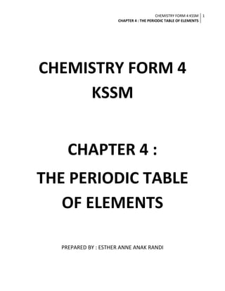 CHEMISTRY FORM 4 KSSM
CHAPTER 4 : THE PERIODIC TABLE OF ELEMENTS
1
CHEMISTRY FORM 4
KSSM
CHAPTER 4 :
THE PERIODIC TABLE
OF ELEMENTS
PREPARED BY : ESTHER ANNE ANAK RANDI
 