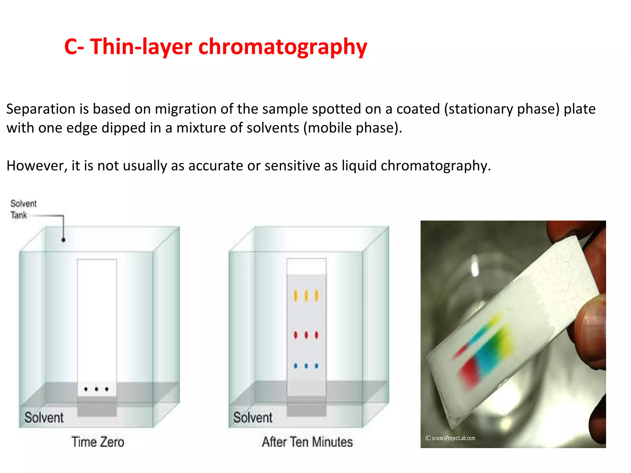 C- Thin-layer chromatography  Separation is based on migration of the sample spotted on a coated (stationary phase) plate with one edge dipped in a mixture of solvents (mobile phase).  However, it is not usually as accurate or sensitive as liquid chromatography. 