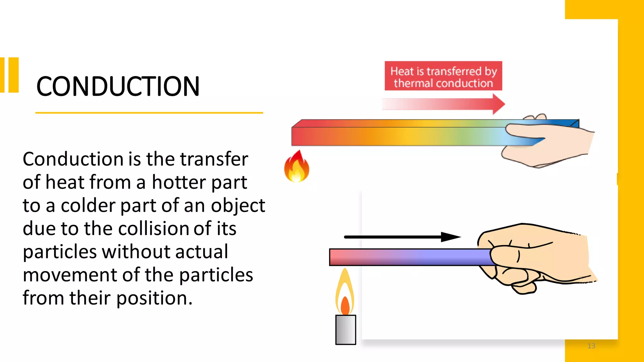 CONDUCTION
Conduction is the transfer
of heat from a hotter part
to a colder part of an object
due to the collisionof its
particles without actual
movement of the particles
from their position.
13
 