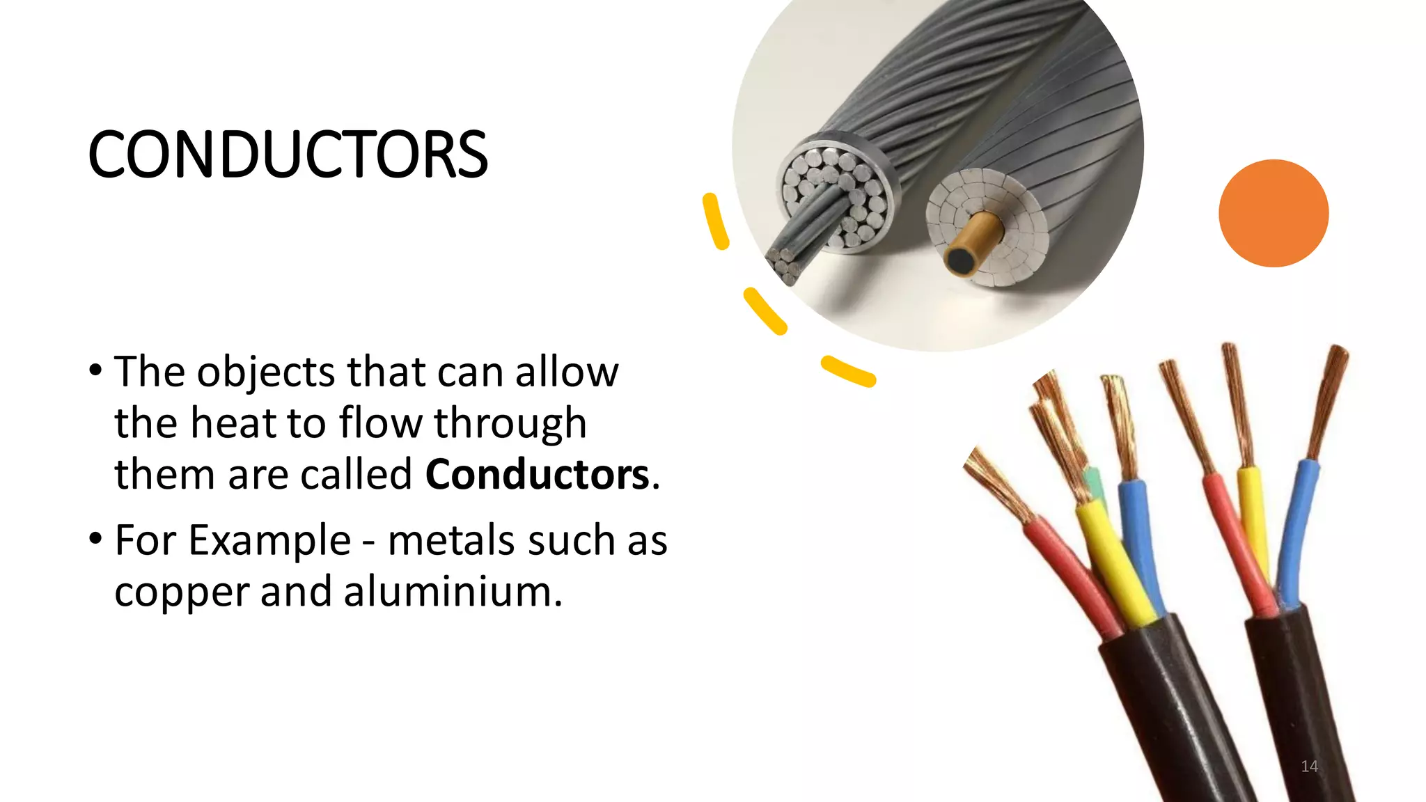 CONDUCTORS
• The objects that can allow
the heat to flow through
them are called Conductors.
• For Example - metals such as
copper and aluminium.
14
 