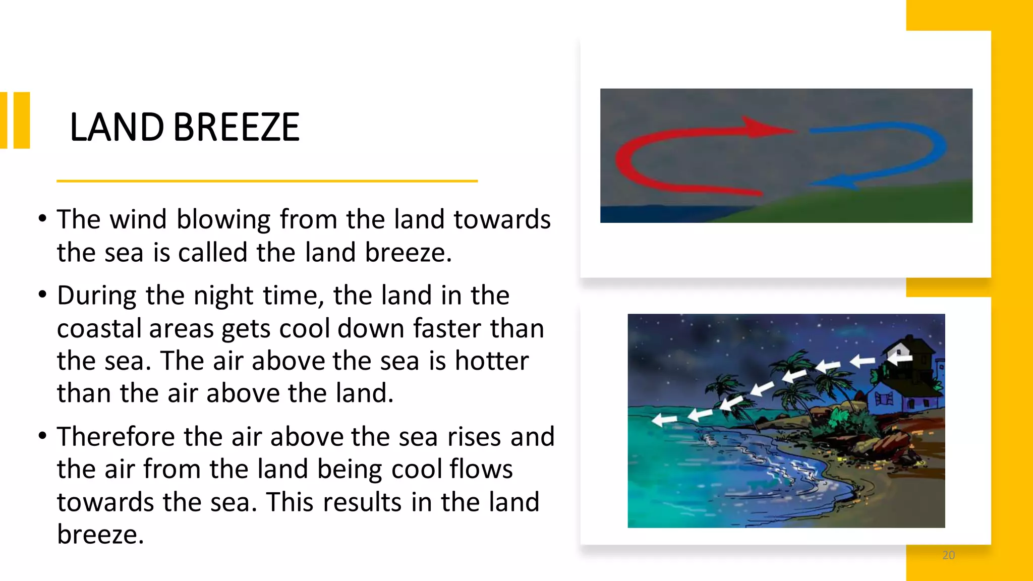 LAND BREEZE
• The wind blowing from the land towards
the sea is called the land breeze.
• During the night time, the land in the
coastal areas gets cool down faster than
the sea. The air above the sea is hotter
than the air above the land.
• Therefore the air above the sea rises and
the air from the land being cool flows
towards the sea. This results in the land
breeze.
20
 