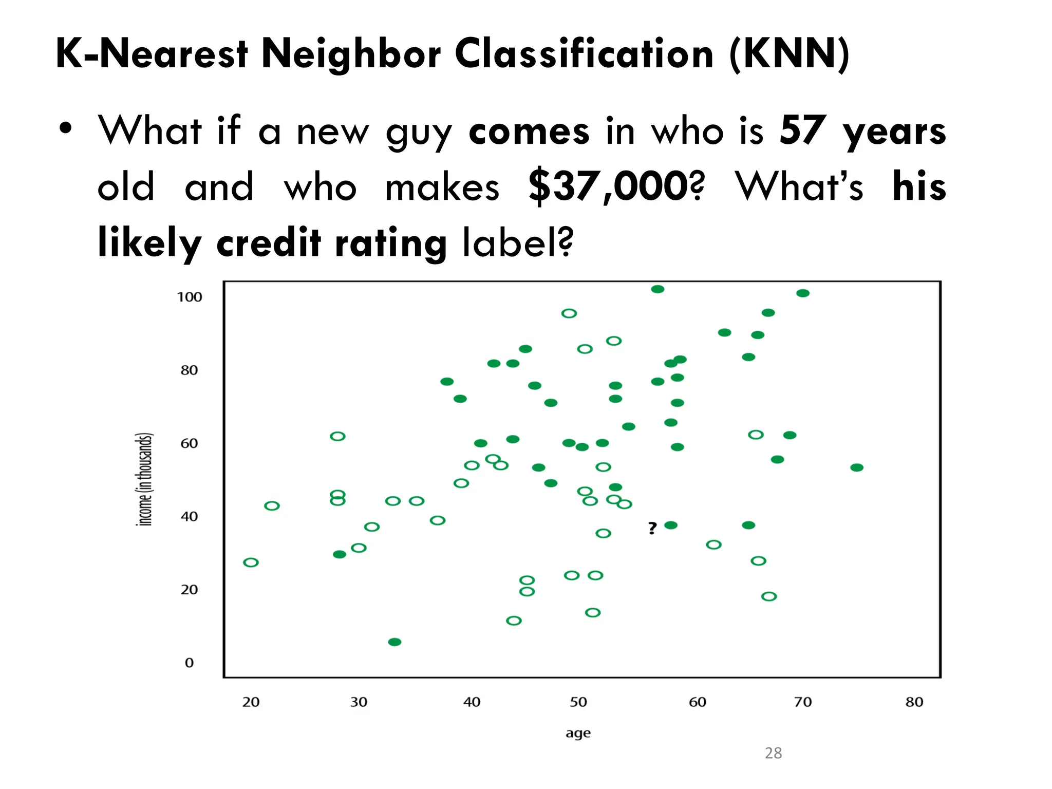 K-Nearest Neighbor Classification (KNN)
• What if a new guy comes in who is 57 years
old and who makes $37,000? What’s his
likely credit rating label?
28
 