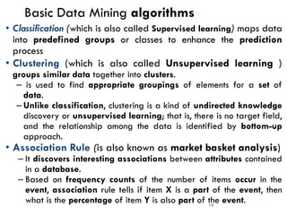 Basic Data Mining algorithms
• Classification (which is also called Supervised learning) maps data
into predefined groups or classes to enhance the prediction
process
• Clustering (which is also called Unsupervised learning )
groups similar data together into clusters.
– is used to find appropriate groupings of elements for a set of
data.
– Unlike classification, clustering is a kind of undirected knowledge
discovery or unsupervised learning; that is, there is no target field,
and the relationship among the data is identified by bottom-up
approach.
• Association Rule (is also known as market basket analysis)
– It discovers interesting associations between attributes contained
in a database.
– Based on frequency counts of the number of items occur in the
event, association rule tells if item X is a part of the event, then
what is the percentage of item Y is also part of the event.
14
 