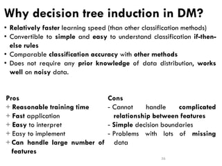 Why decision tree induction in DM?
Cons
- Cannot handle complicated
relationship between features
- Simple decision boundaries
- Problems with lots of missing
data
Pros
+ Reasonable training time
+ Fast application
+ Easy to interpret
+ Easy to implement
+ Can handle large number of
features
56
• Relatively faster learning speed (than other classification methods)
• Convertible to simple and easy to understand classification if-then-
else rules
• Comparable classification accuracy with other methods
• Does not require any prior knowledge of data distribution, works
well on noisy data.
 