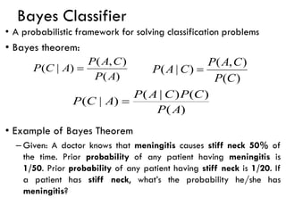 Bayes Classifier
• A probabilistic framework for solving classification problems
• Bayes theorem:
• Example of Bayes Theorem
– Given: A doctor knows that meningitis causes stiff neck 50% of
the time. Prior probability of any patient having meningitis is
1/50. Prior probability of any patient having stiff neck is 1/20. If
a patient has stiff neck, what’s the probability he/she has
meningitis?
)
(
)
(
)
|
(
)
|
(
A
P
C
P
C
A
P
A
C
P =
)
(
)
,
(
)
|
(
C
P
C
A
P
C
A
P =
)
(
)
,
(
)
|
(
A
P
C
A
P
A
C
P =
 
