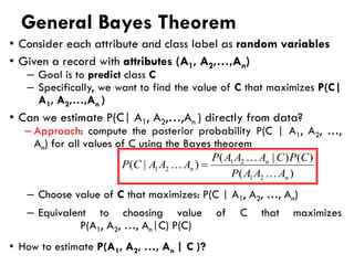General Bayes Theorem
• Consider each attribute and class label as random variables
• Given a record with attributes (A1, A2,…,An)
– Goal is to predict class C
– Specifically, we want to find the value of C that maximizes P(C|
A1, A2,…,An )
• Can we estimate P(C| A1, A2,…,An ) directly from data?
– Approach: compute the posterior probability P(C | A1, A2, …,
An) for all values of C using the Bayes theorem
– Choose value of C that maximizes: P(C | A1, A2, …, An)
– Equivalent to choosing value of C that maximizes
P(A1, A2, …, An|C) P(C)
• How to estimate P(A1, A2, …, An | C )?
)
(
)
(
)
|
(
)
|
(
2
1
2
1
2
1
n
n
n
A
A
A
P
C
P
C
A
A
A
P
A
A
A
C
P


 =
 