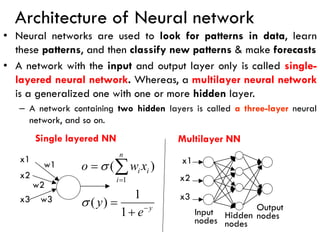 Architecture of Neural network
• Neural networks are used to look for patterns in data, learn
these patterns, and then classify new patterns & make forecasts
• A network with the input and output layer only is called single-
layered neural network. Whereas, a multilayer neural network
is a generalized one with one or more hidden layer.
– A network containing two hidden layers is called a three-layer neural
network, and so on.
Hidden
nodes
Output
nodes
x1
x2
x3
x1
x2
x3
w1
w2
w3
y
n
i
i
i
e
y
x
w
o
−
=
+
=
= 
1
1
)
(
)
(
1


Single layered NN Multilayer NN
Input
nodes
 