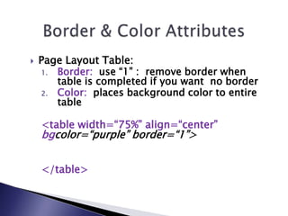    Page Layout Table:
    1. Border: use “1” : remove border when
       table is completed if you want no border
    2. Color: places background color to entire
       table

    <table width=“75%” align=“center”
    bgcolor=“purple” border=“1”>


    </table>
 