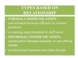 TYPES BASED ON
RELATIONSHIP
• FORMAL COMMUNICATION:-
conversation between officials on various
positions.
• ex:nursing superintendent & staff nurse.
• INFORMAL COMMUNICATION:-
conversation between peoples on non official
matter.
• ex:Interaction between two close friends
 