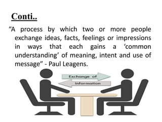 Conti..
“A process by which two or more people
exchange ideas, facts, feelings or impressions
in ways that each gains a ‘common
understanding’ of meaning, intent and use of
message” - Paul Leagens.
 