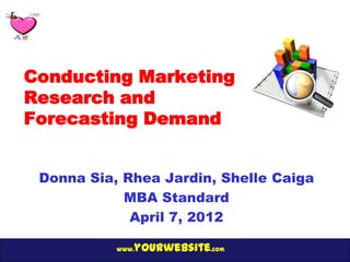 Conducting Marketing
Research and
Forecasting Demand


 Donna Sia, Rhea Jardin, Shelle Caiga
            MBA Standard
             April 7, 2012

              yourwebsite.com
           www.
 