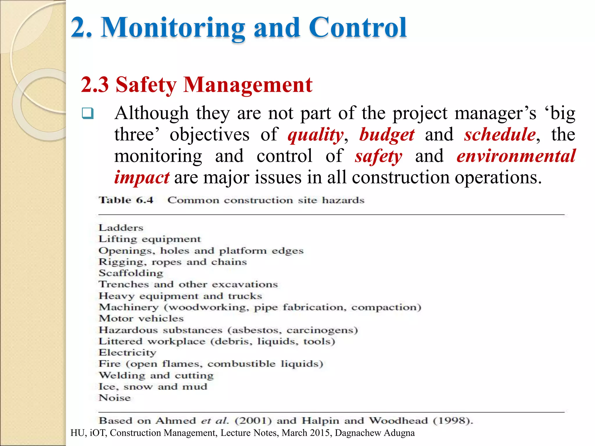 2. Monitoring and Control
2.3 Safety Management
 Although they are not part of the project manager’s ‘big
three’ objectives of quality, budget and schedule, the
monitoring and control of safety and environmental
impact are major issues in all construction operations.
HU, iOT, Construction Management, Lecture Notes, March 2015, Dagnachew Adugna
 