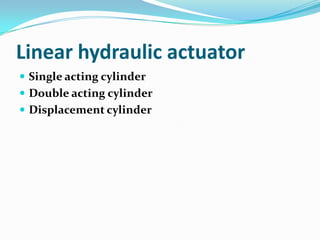 Linear hydraulic actuator
 Single acting cylinder
 Double acting cylinder
 Displacement cylinder
 