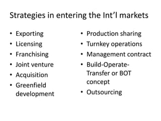Strategies in entering the Int’l markets
•   Exporting       • Production sharing
•   Licensing       • Turnkey operations
•   Franchising     • Management contract
•   Joint venture   • Build-Operate-
•   Acquisition       Transfer or BOT
•   Greenfield        concept
    development     • Outsourcing
 