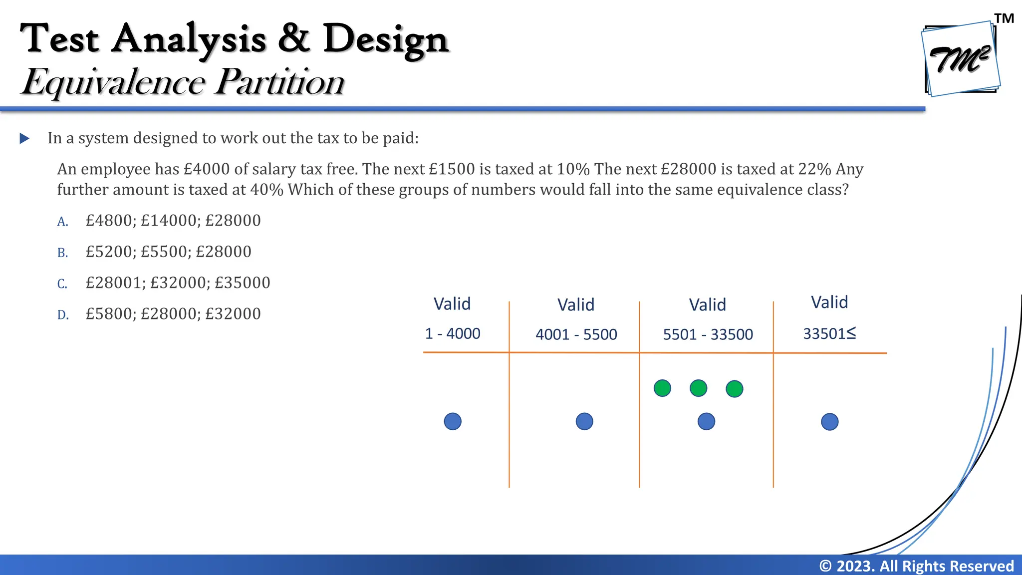 TM
© 2023. All Rights Reserved
Test Analysis & Design
 In a system designed to work out the tax to be paid:
An employee has £4000 of salary tax free. The next £1500 is taxed at 10% The next £28000 is taxed at 22% Any
further amount is taxed at 40% Which of these groups of numbers would fall into the same equivalence class?
A. £4800; £14000; £28000
B. £5200; £5500; £28000
C. £28001; £32000; £35000
D. £5800; £28000; £32000
Equivalence Partition
Valid
5501 - 33500
Valid
33501≤
Valid
4001 - 5500
Valid
1 - 4000
 