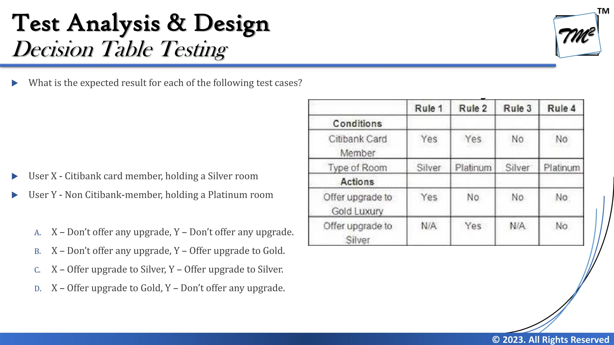 TM
© 2023. All Rights Reserved
Test Analysis & Design
 What is the expected result for each of the following test cases?
 User X - Citibank card member, holding a Silver room
 User Y - Non Citibank-member, holding a Platinum room
A. X – Don’t offer any upgrade, Y – Don’t offer any upgrade.
B. X – Don’t offer any upgrade, Y – Offer upgrade to Gold.
C. X – Offer upgrade to Silver, Y – Offer upgrade to Silver.
D. X – Offer upgrade to Gold, Y – Don’t offer any upgrade.
Decision Table Testing
 
