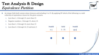 TM
© 2023. All Rights Reserved
Test Analysis & Design
 An integer field shall contain values between and including 1 to 15. By applying EP which of the following is a valid
collection of equivalence classes for the given scenario.
A. Less than 1, 1 through 15, more than 15
B. Negative numbers, 1 through 15, above 15
C. Less than 1, 1 through 14, more than 15
D. Less than 0, 1 through 14, 15 and more 3
Equivalence Partition
Invalid Valid Invalid
< 1 1 - 15 16 ≤
 