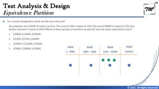 TM
© 2023. All Rights Reserved
Test Analysis & Design
 In a system designed to work out the tax to be paid:
An employee has £4000 of salary tax free. The next £1500 is taxed at 10% The next £28000 is taxed at 22% Any
further amount is taxed at 40% Which of these groups of numbers would fall into the same equivalence class?
A. £4800; £14000; £28000
B. £5200; £5500; £28000
C. £28001; £32000; £35000
D. £5800; £28000; £32000
Equivalence Partition
Valid
5501 - 33500
Valid
33501≤
Valid
4001 - 5500
Valid
1 - 4000
 