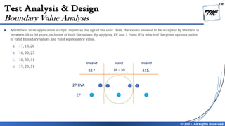 TM
© 2023. All Rights Reserved
Test Analysis & Design
 A text field in an application accepts inputs as the age of the user. Here, the values allowed to be accepted by the field is
between 18 to 30 years, inclusive of both the values. By applying EP and 2 Point BVA which of the given option consist
of valid boundary values and valid equivalence value.
A. 17, 18, 20
B. 18, 30, 25
C. 18, 30, 31
D. 19, 20, 31
Boundary Value Analysis
Invalid Valid Invalid
≤17 18 - 30 31≤
2P BVA
EP
 