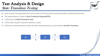 TM
© 2023. All Rights Reserved
Test Analysis & Design
 State transition testing exhibits the various states of scenario/system and only possible transition between them.
 The representation is called as State Transition Diagram(STD).
 A STD shows all Valid Transitions Only.
 A STD consist of pair of transition between 2 states.
 If the pair is missing between 2 states then the missing transition/s is/are called as Invalid Transitions.
State Transition Testing
S1 S2 S3
A
D C
B
 