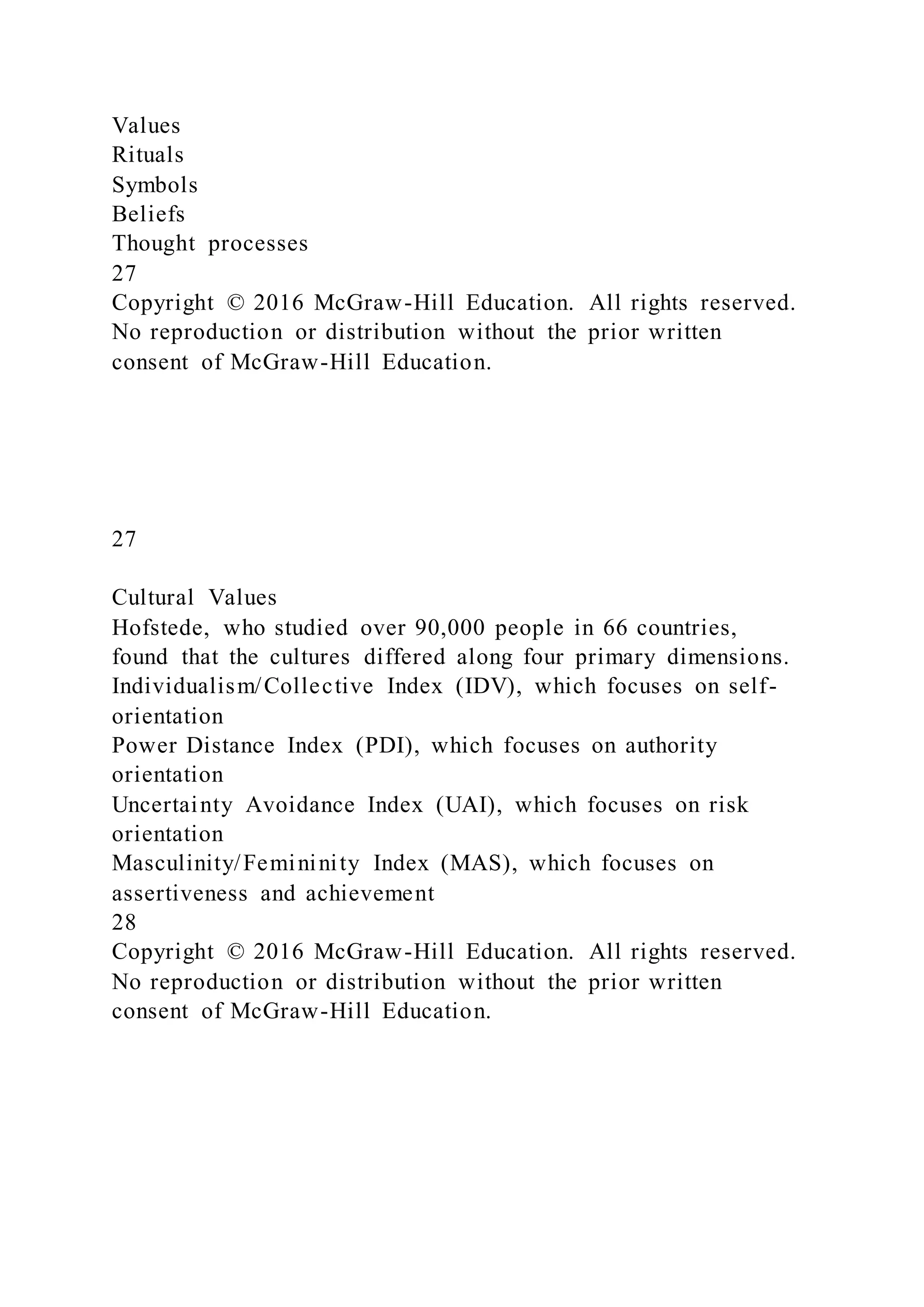 Values
Rituals
Symbols
Beliefs
Thought processes
27
Copyright © 2016 McGraw-Hill Education. All rights reserved.
No reproduction or distribution without the prior written
consent of McGraw-Hill Education.
27
Cultural Values
Hofstede, who studied over 90,000 people in 66 countries,
found that the cultures differed along four primary dimensions.
Individualism/Collective Index (IDV), which focuses on self-
orientation
Power Distance Index (PDI), which focuses on authority
orientation
Uncertainty Avoidance Index (UAI), which focuses on risk
orientation
Masculinity/Femininity Index (MAS), which focuses on
assertiveness and achievement
28
Copyright © 2016 McGraw-Hill Education. All rights reserved.
No reproduction or distribution without the prior written
consent of McGraw-Hill Education.
 