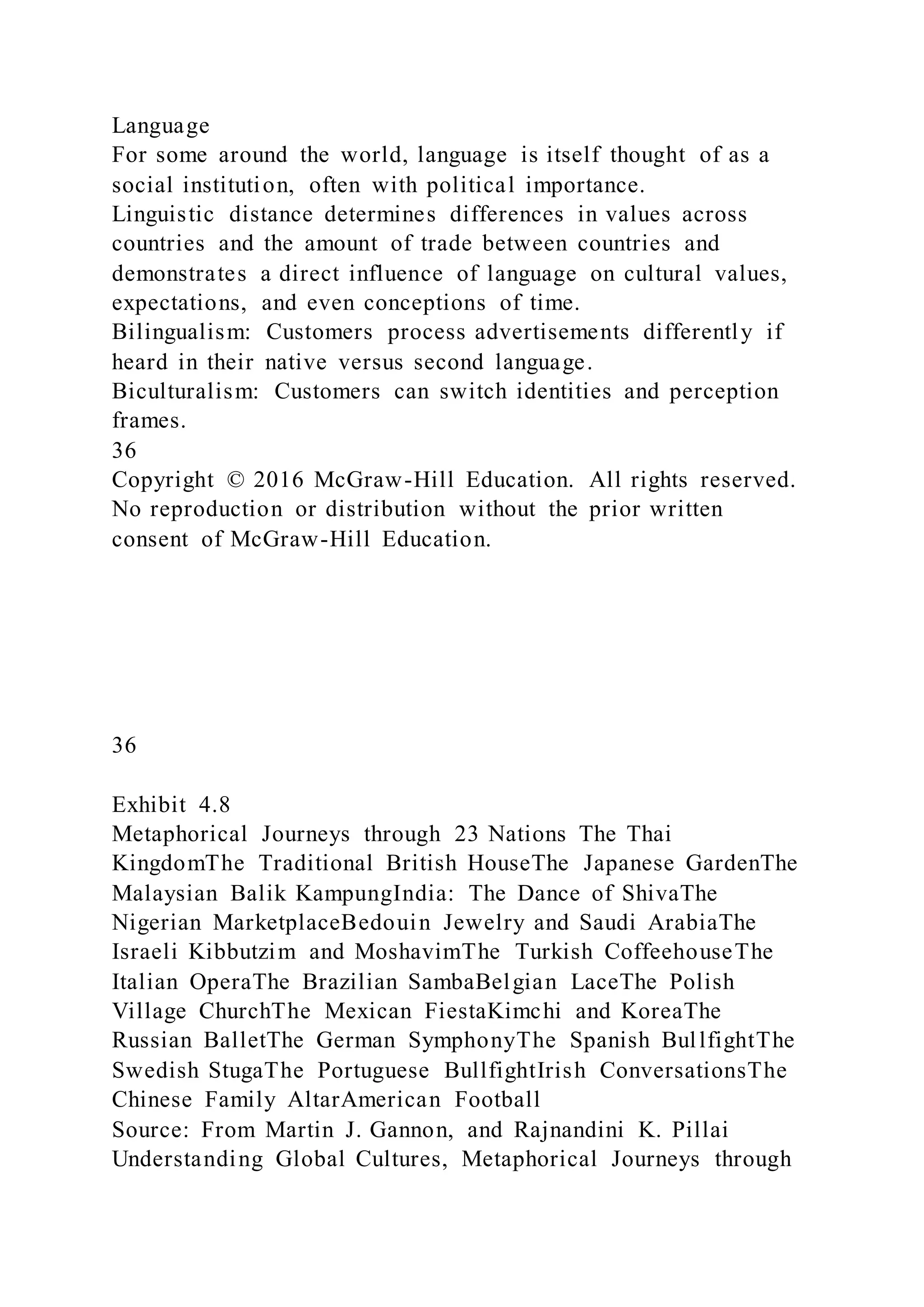 Language
For some around the world, language is itself thought of as a
social institution, often with political importance.
Linguistic distance determines differences in values across
countries and the amount of trade between countries and
demonstrates a direct influence of language on cultural values,
expectations, and even conceptions of time.
Bilingualism: Customers process advertisements differently if
heard in their native versus second language.
Biculturalism: Customers can switch identities and perception
frames.
36
Copyright © 2016 McGraw-Hill Education. All rights reserved.
No reproduction or distribution without the prior written
consent of McGraw-Hill Education.
36
Exhibit 4.8
Metaphorical Journeys through 23 Nations The Thai
KingdomThe Traditional British HouseThe Japanese GardenThe
Malaysian Balik KampungIndia: The Dance of ShivaThe
Nigerian MarketplaceBedouin Jewelry and Saudi ArabiaThe
Israeli Kibbutzim and MoshavimThe Turkish CoffeehouseThe
Italian OperaThe Brazilian SambaBelgian LaceThe Polish
Village ChurchThe Mexican FiestaKimchi and KoreaThe
Russian BalletThe German SymphonyThe Spanish BullfightThe
Swedish StugaThe Portuguese BullfightIrish ConversationsThe
Chinese Family AltarAmerican Football
Source: From Martin J. Gannon, and Rajnandini K. Pillai
Understanding Global Cultures, Metaphorical Journeys through
 