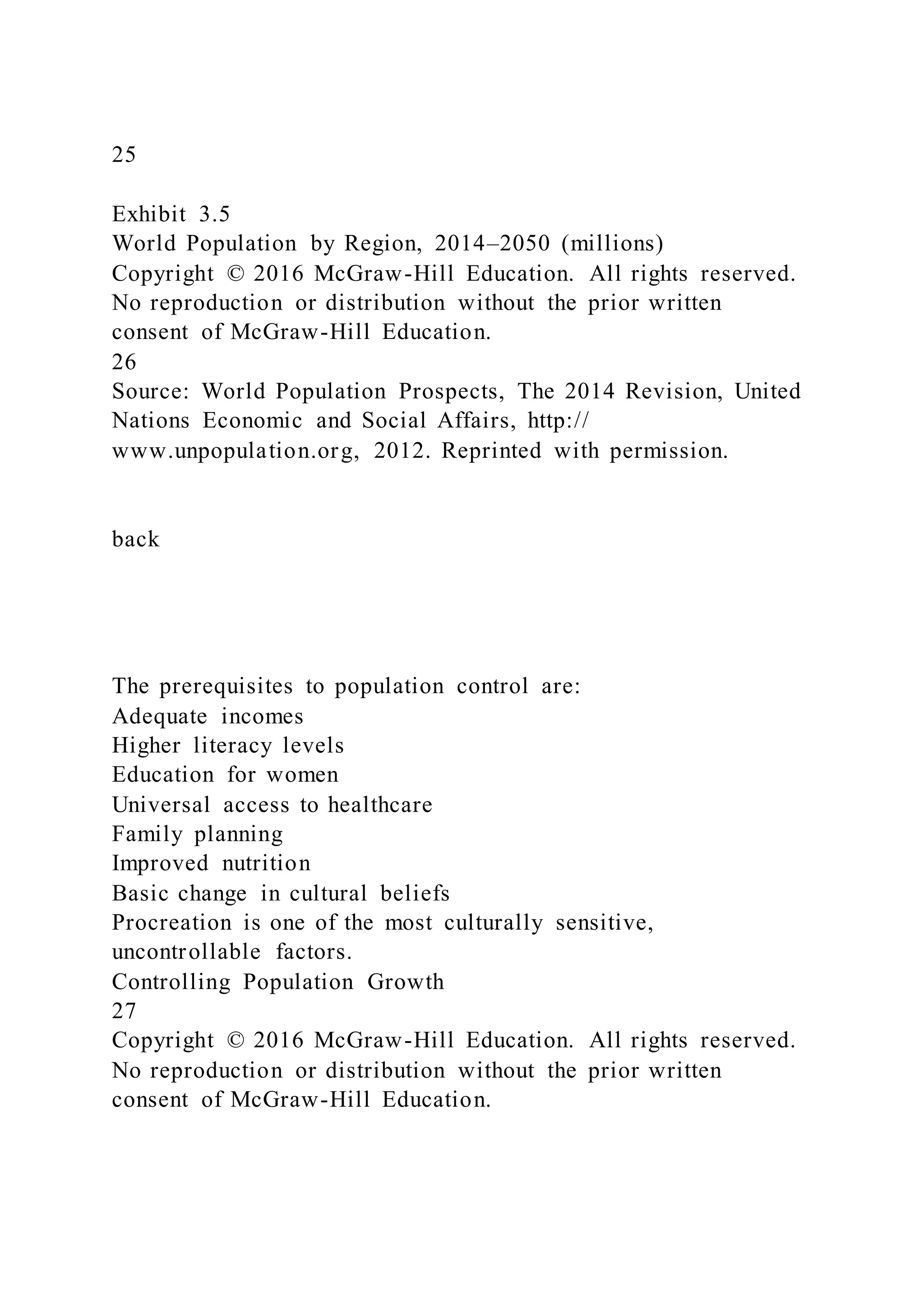 25
Exhibit 3.5
World Population by Region, 2014–2050 (millions)
Copyright © 2016 McGraw-Hill Education. All rights reserved.
No reproduction or distribution without the prior written
consent of McGraw-Hill Education.
26
Source: World Population Prospects, The 2014 Revision, United
Nations Economic and Social Affairs, http://
www.unpopulation.org, 2012. Reprinted with permission.
back
The prerequisites to population control are:
Adequate incomes
Higher literacy levels
Education for women
Universal access to healthcare
Family planning
Improved nutrition
Basic change in cultural beliefs
Procreation is one of the most culturally sensitive,
uncontrollable factors.
Controlling Population Growth
27
Copyright © 2016 McGraw-Hill Education. All rights reserved.
No reproduction or distribution without the prior written
consent of McGraw-Hill Education.
 
