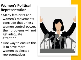 Women’s Political
Representation
• Many feminists and
women’s movements
conclude that unless
women control power,
their problems will not
get adequate
attention.
• One way to ensure this
is to have more
women as elected
representatives.
 