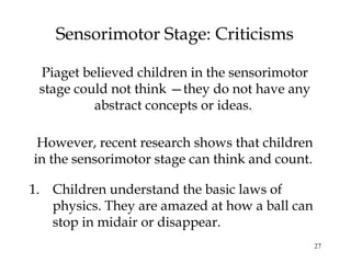 27
Sensorimotor Stage: Criticisms
Piaget believed children in the sensorimotor
stage could not think —they do not have any
abstract concepts or ideas.
However, recent research shows that children
in the sensorimotor stage can think and count.
1. Children understand the basic laws of
physics. They are amazed at how a ball can
stop in midair or disappear.
 