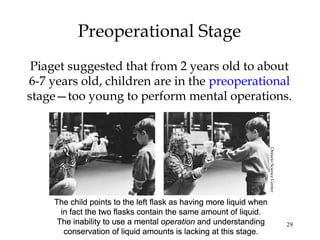 29
Preoperational Stage
Piaget suggested that from 2 years old to about
6-7 years old, children are in the preoperational
stage—too young to perform mental operations.
OntarioScienceCenter
 