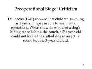 30
Preoperational Stage: Criticism
DeLoache (1987) showed that children as young
as 3 years of age are able to use mental
operations. When shown a model of a dog’s
hiding place behind the couch, a 2½-year-old
could not locate the stuffed dog in an actual
room, but the 3-year-old did.
 