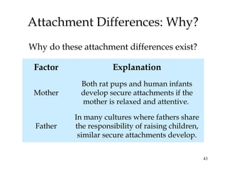 43
Attachment Differences: Why?
Why do these attachment differences exist?
Factor Explanation
Mother
Both rat pups and human infants
develop secure attachments if the
mother is relaxed and attentive.
Father
In many cultures where fathers share
the responsibility of raising children,
similar secure attachments develop.
 