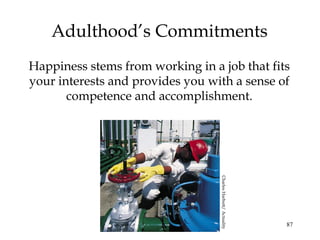 87
Adulthood’s Commitments
Happiness stems from working in a job that fits
your interests and provides you with a sense of
competence and accomplishment.
CharlesHarbutt/Actuality
 