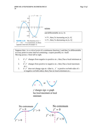 BMM 104: ENGINEERING MATHEMATICS I                                                         Page 14 of
16




First Derivative Test for Monotonic Functions

 Suppose that f is continuous on [a, b] and differentiable on (a, b).

         If f ' ( x ) > 0 at each point x ∈( a ,b ) , then f is increasing on [a, b].
         If f ' ( x ) < 0 at each point x ∈( a ,b ) , then f is decreasing on [a, b].


First Derivative Test for Local Extrema

 Suppose that c is a critical point of a continuous function f, and that f is differentiable
 at every point in some interval containing c expect possibly at c itself.
 Moving across c from left to right.

    1.      if f ' changes from negative to positive at c, then f has a local minimum at
             c;
    2.      if f ' changes from positive to negative at c, then f has a local maximum
             at c;
    3.      if f ' does not change sign at c (that is, f ' is positive on both sides of c
             or negative on both sides), then f has no local extremum at c.
 