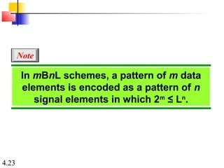 4.23
In mBnL schemes, a pattern of m data
elements is encoded as a pattern of n
signal elements in which 2m
≤ Ln
.
Note
 