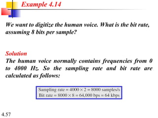 4.57
We want to digitize the human voice. What is the bit rate,
assuming 8 bits per sample?
Solution
The human voice normally contains frequencies from 0
to 4000 Hz. So the sampling rate and bit rate are
calculated as follows:
Example 4.14
 