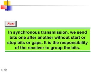 4.70
In synchronous transmission, we send
bits one after another without start or
stop bits or gaps. It is the responsibility
of the receiver to group the bits.
Note
 