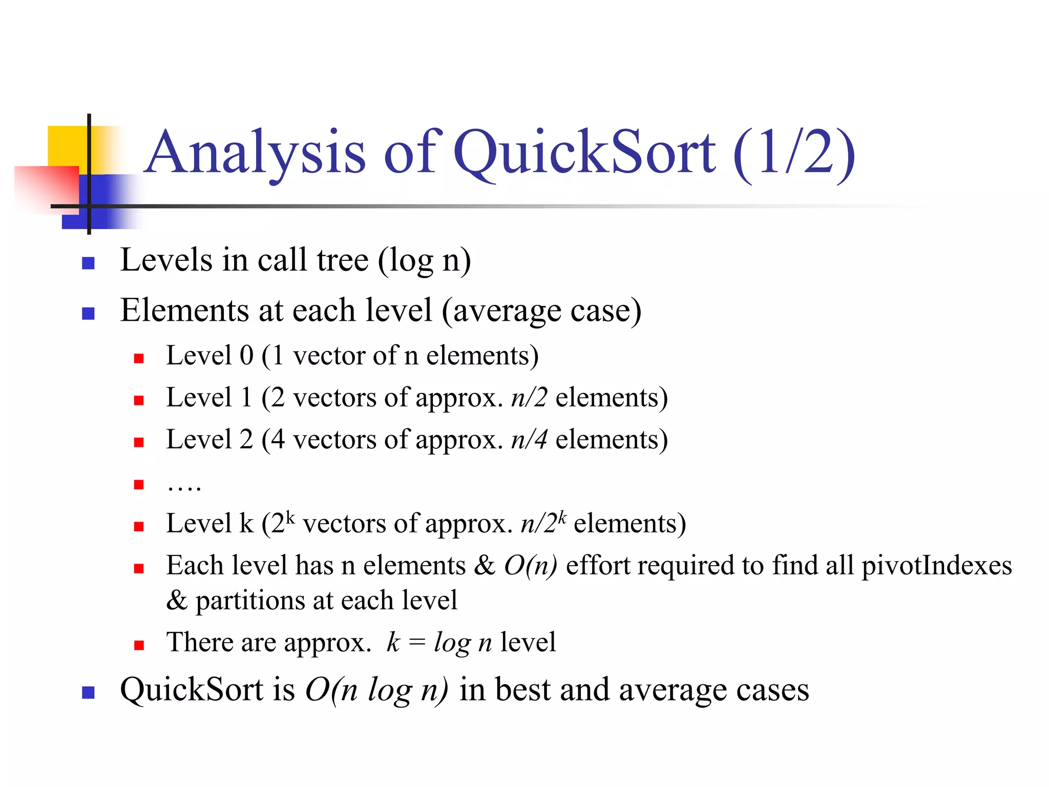 Analysis of QuickSort (1/2)
 Levels in call tree (log n)
 Elements at each level (average case)
 Level 0 (1 vector of n elements)
 Level 1 (2 vectors of approx. n/2 elements)
 Level 2 (4 vectors of approx. n/4 elements)
 ….
 Level k (2k vectors of approx. n/2k elements)
 Each level has n elements & O(n) effort required to find all pivotIndexes
& partitions at each level
 There are approx. k = log n level
 QuickSort is O(n log n) in best and average cases
 