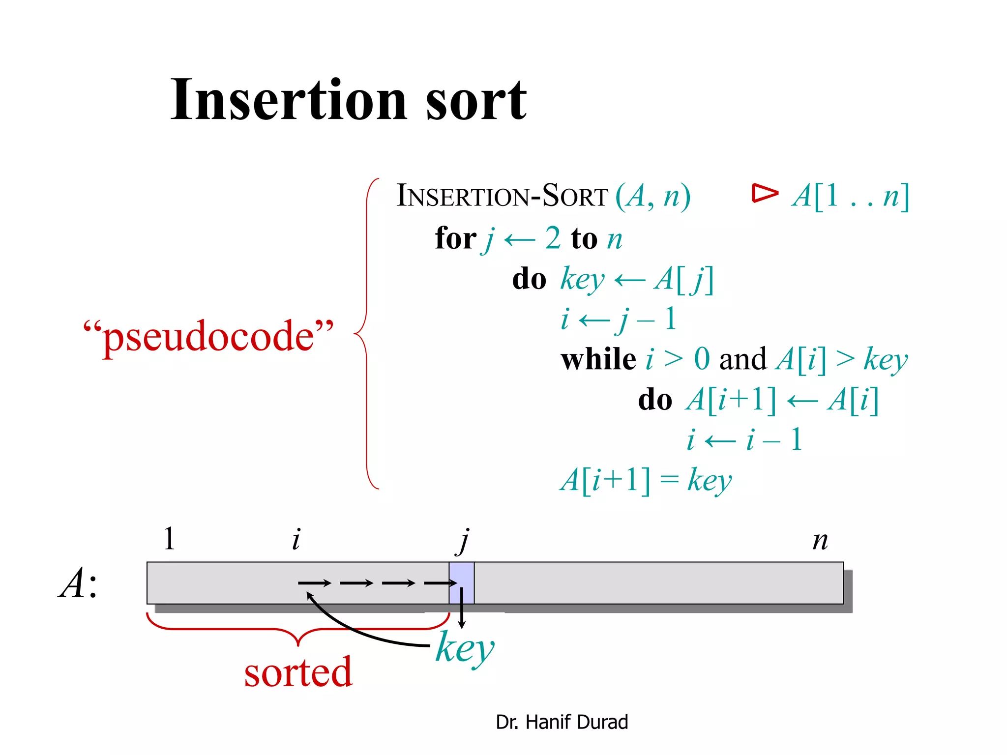 Insertion sort
INSERTION-SORT (A, n) ⊳ A[1 . . n]
for j ← 2 to n
do key ← A[ j]
i ← j – 1
while i > 0 and A[i] > key
do A[i+1] ← A[i]
i ← i – 1
A[i+1] = key
“pseudocode”
i j
key
sorted
A:
1 n
Dr. Hanif Durad
 
