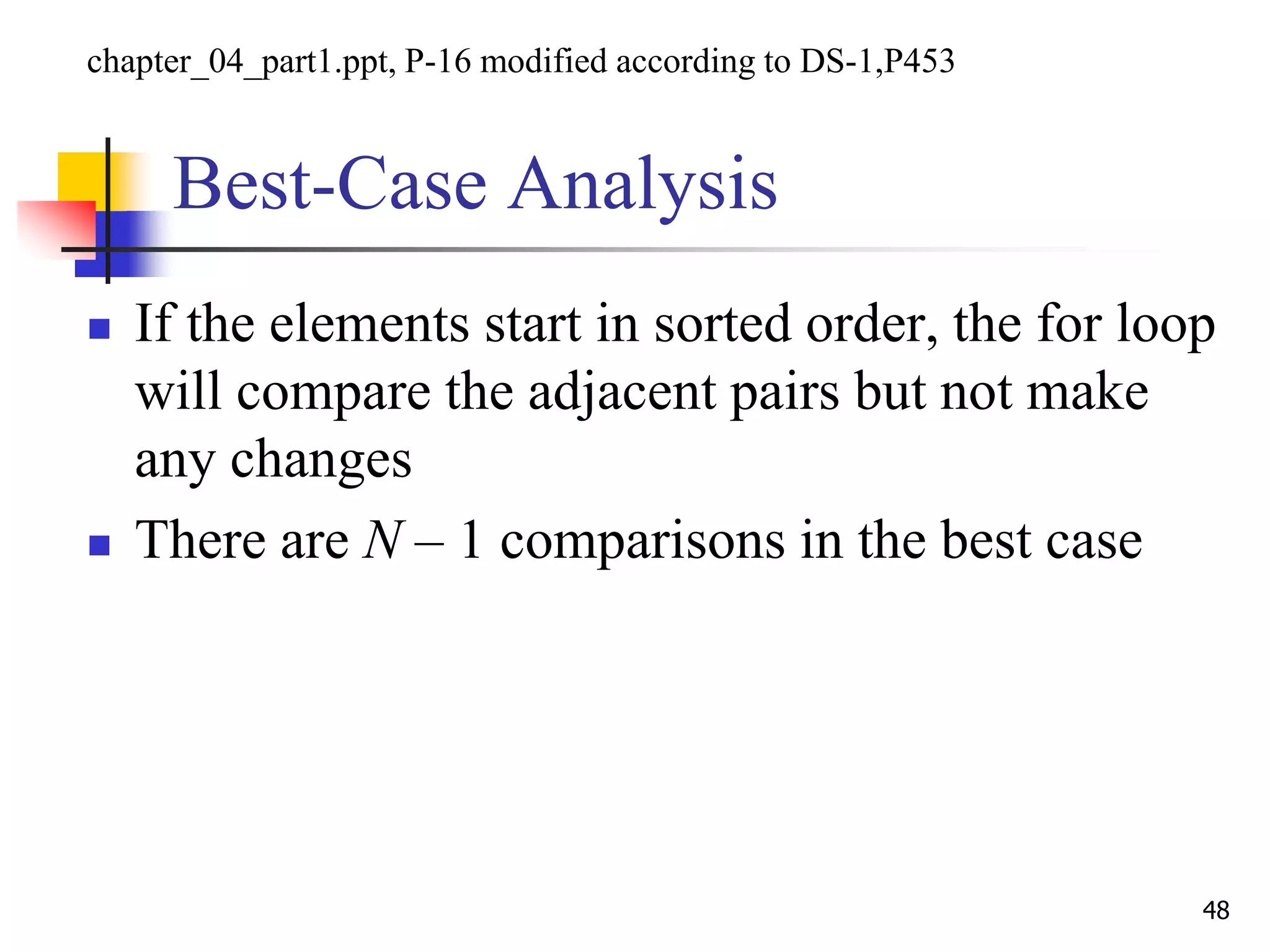 Best-Case Analysis
 If the elements start in sorted order, the for loop
will compare the adjacent pairs but not make
any changes
 There are N – 1 comparisons in the best case
48
chapter_04_part1.ppt, P-16 modified according to DS-1,P453
 