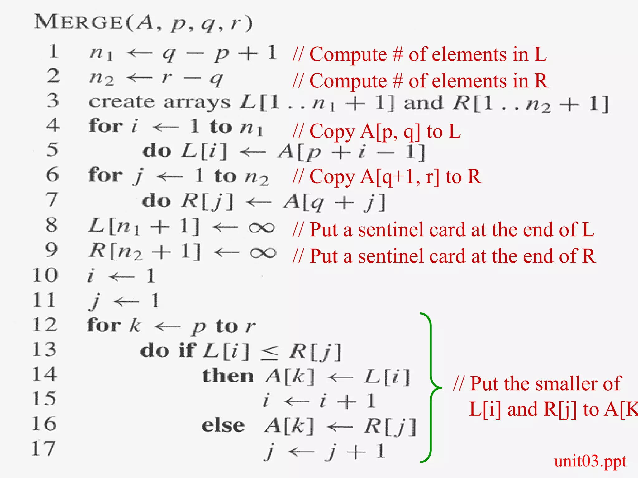 L1.66
66
// Copy A[p, q] to L
// Copy A[q+1, r] to R
// Compute # of elements in L
// Compute # of elements in R
// Put a sentinel card at the end of L
// Put a sentinel card at the end of R
// Put the smaller of
L[i] and R[j] to A[K
unit03.ppt
 