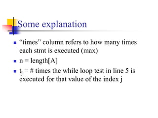Some explanation
 “times” column refers to how many times
each stmt is executed (max)
 n = length[A]
 tj = # times the while loop test in line 5 is
executed for that value of the index j
 