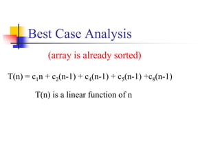 Best Case Analysis
T(n) = c1n + c2(n-1) + c4(n-1) + c5(n-1) +c8(n-1)
T(n) is a linear function of n
(array is already sorted)
 