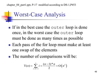 Worst-Case Analysis
 If in the best case the outer loop is done
once, in the worst case the outer loop
must be done as many times as possible
 Each pass of the for loop must make at least
one swap of the elements
 The number of comparisons will be:
49
 
1
2
1
( 1)*
T( ) O
2i N
n n
n i n
 

  
chapter_04_part1.ppt, P-17 modified according to DS-1,P453
 