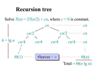 Recursion tree
Solve T(n) = 2T(n/2) + cn, where c > 0 is constant.
cn
cn/4 cn/4 cn/4 cn/4
cn/2 cn/2
(1)
h = lg n
cn
cn
cn
#leaves = n (n)
Total (n lg n)
…
 