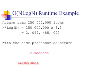 O(NLogN) Runtime Example
Assume same 250,000,000 items
N*Log(N) = 250,000,000 x 8.3
= 2, 099, 485, 002
With the same processor as before
2 seconds
See back slide 27
 