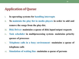 Applicationof Queue
i. In operating systems for handling interrupts
ii. To maintain the play list in media players in orde...
