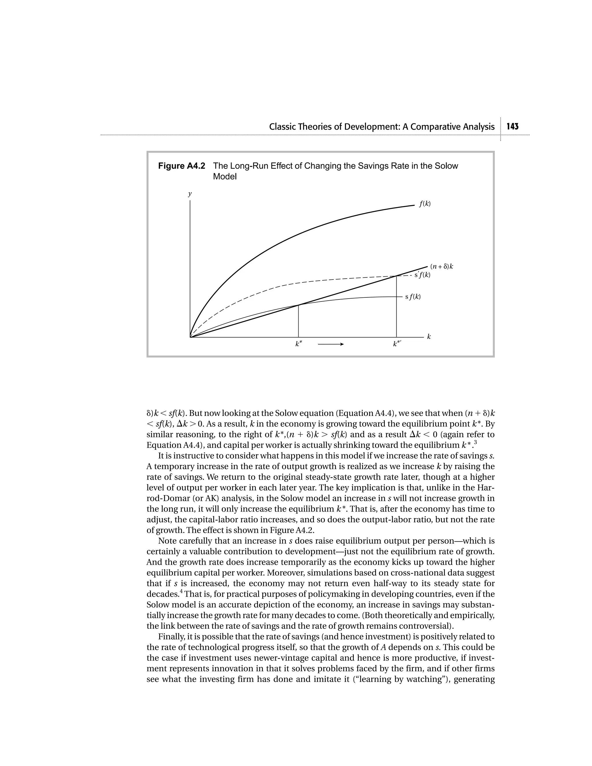 Classic Theories of Development: A Comparative Analysis             143



   Figure A4.2 The Long-Run Effect of Changing the Savings Rate in the Solow
               Model
           y
                                                                                   f(k)




                                                                                       (n + δ)k
                                                                                 sЈf(k)


                                                                             s f (k)




                                                                                       k
                                          k*                          k* Ј




␦)k Ͻ sf(k). But now looking at the Solow equation (Equation A4.4), we see that when (n ϩ ␦)k
Ͻ sf(k), ⌬k Ͼ 0. As a result, k in the economy is growing toward the equilibrium point k *. By
similar reasoning, to the right of k *,(n ϩ ␦)k Ͼ sf(k) and as a result ⌬k Ͻ 0 (again refer to
Equation A4.4), and capital per worker is actually shrinking toward the equilibrium k * .3
    It is instructive to consider what happens in this model if we increase the rate of savings s.
A temporary increase in the rate of output growth is realized as we increase k by raising the
rate of savings. We return to the original steady-state growth rate later, though at a higher
level of output per worker in each later year. The key implication is that, unlike in the Har-
rod-Domar (or AK) analysis, in the Solow model an increase in s will not increase growth in
the long run, it will only increase the equilibrium k *. That is, after the economy has time to
adjust, the capital-labor ratio increases, and so does the output-labor ratio, but not the rate
of growth. The effect is shown in Figure A4.2.
    Note carefully that an increase in s does raise equilibrium output per person—which is
certainly a valuable contribution to development—just not the equilibrium rate of growth.
And the growth rate does increase temporarily as the economy kicks up toward the higher
equilibrium capital per worker. Moreover, simulations based on cross-national data suggest
that if s is increased, the economy may not return even half-way to its steady state for
decades.4 That is, for practical purposes of policymaking in developing countries, even if the
Solow model is an accurate depiction of the economy, an increase in savings may substan-
tially increase the growth rate for many decades to come. (Both theoretically and empirically,
the link between the rate of savings and the rate of growth remains controversial).
    Finally, it is possible that the rate of savings (and hence investment) is positively related to
the rate of technological progress itself, so that the growth of A depends on s. This could be
the case if investment uses newer-vintage capital and hence is more productive, if invest-
ment represents innovation in that it solves problems faced by the firm, and if other firms
see what the investing firm has done and imitate it (“learning by watching”), generating
 