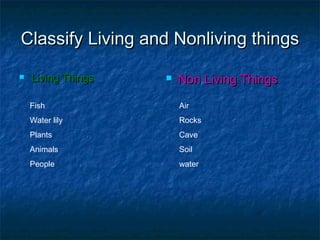 Classify Living and Nonliving thingsClassify Living and Nonliving things
 Living ThingsLiving Things  Non Living ThingsNon Living Things
Air
Rocks
Cave
Soil
water
Fish
Water lily
Plants
Animals
People
 